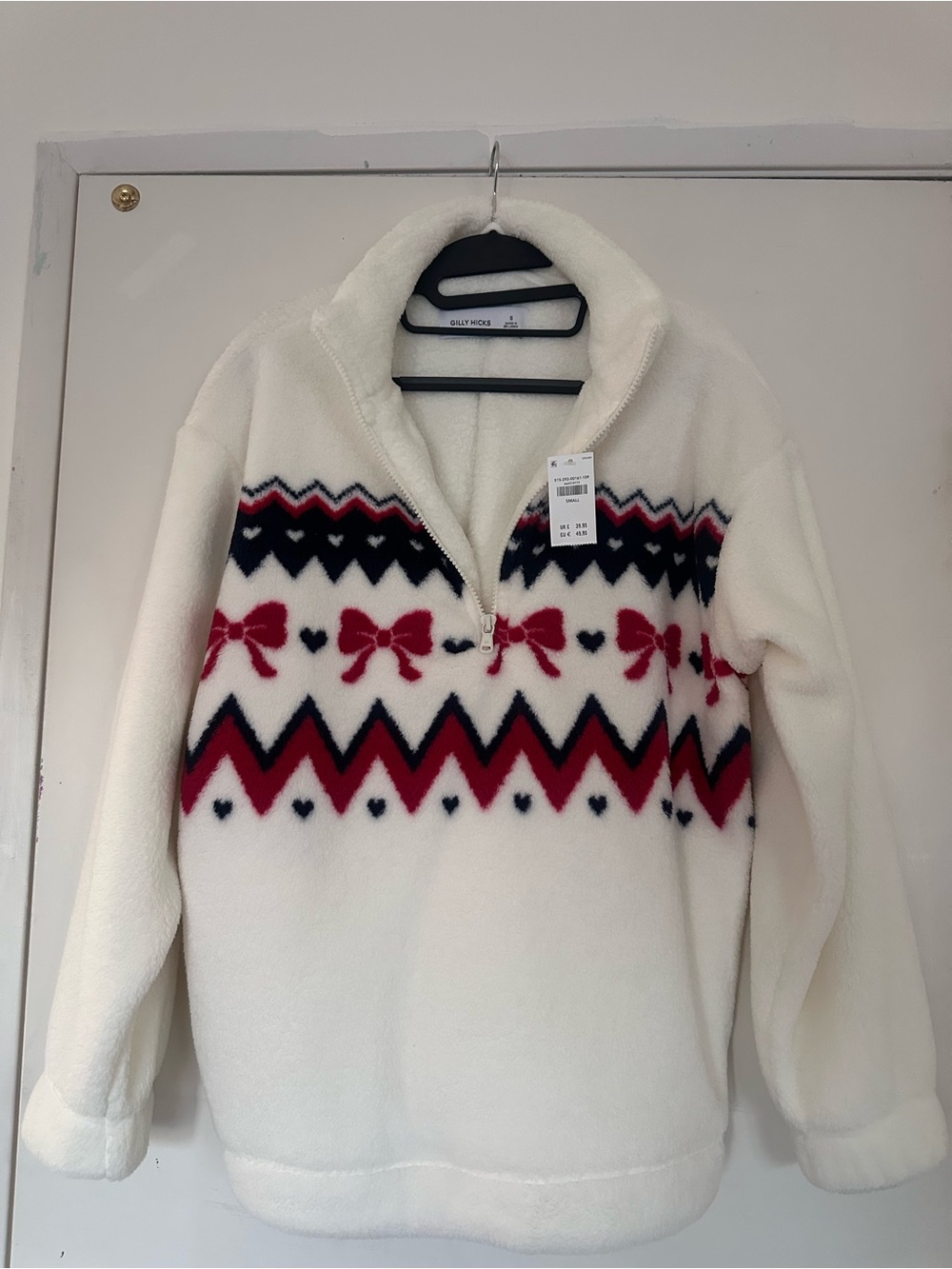 Gilly Hicks Cream Sherpa Half-Zip Sweater with Red & Navy Pattern